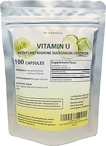 Vitamine U, méthylméthionine chlorure de sulfonium 500 mg, 100 Capsules de végétalien, Argent