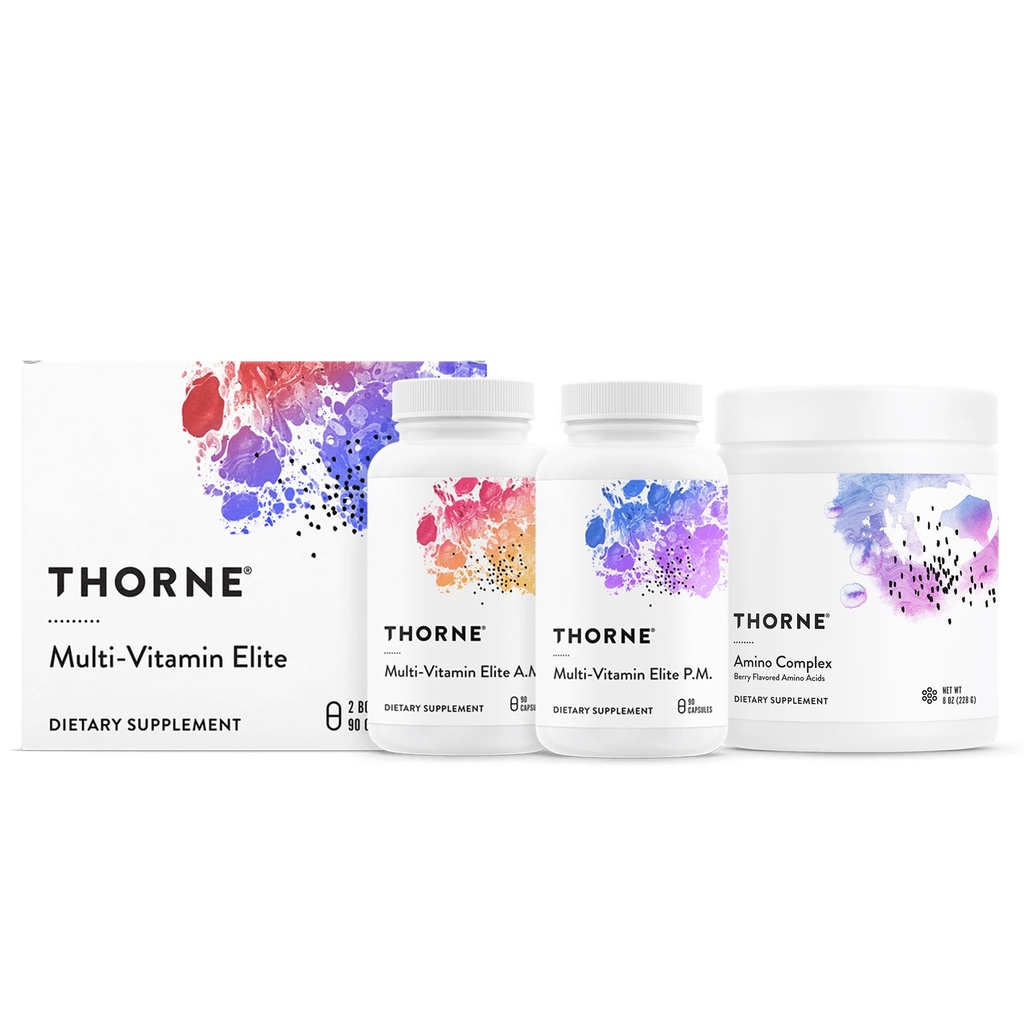 THORNE - Multi-Vitamine Elite AM & PM (180 Capsules) & Complexe Amino (Berry, 8 Oz) Bundle - Soutient la production d'énergie et la performance athlétique - Gluten, laiterie et sans soja