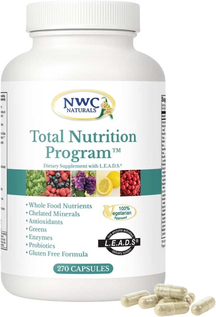 NWC Naturals Total-Nutrition-Programm Multivitamin mit Enzymen Plus Präbiotika und Probiotika Ergänzung, vollständige Pflege für Männer und Frauen, Vegetarische natürliche Ganze Lebensmittel Vitamine, 270 Kapseln