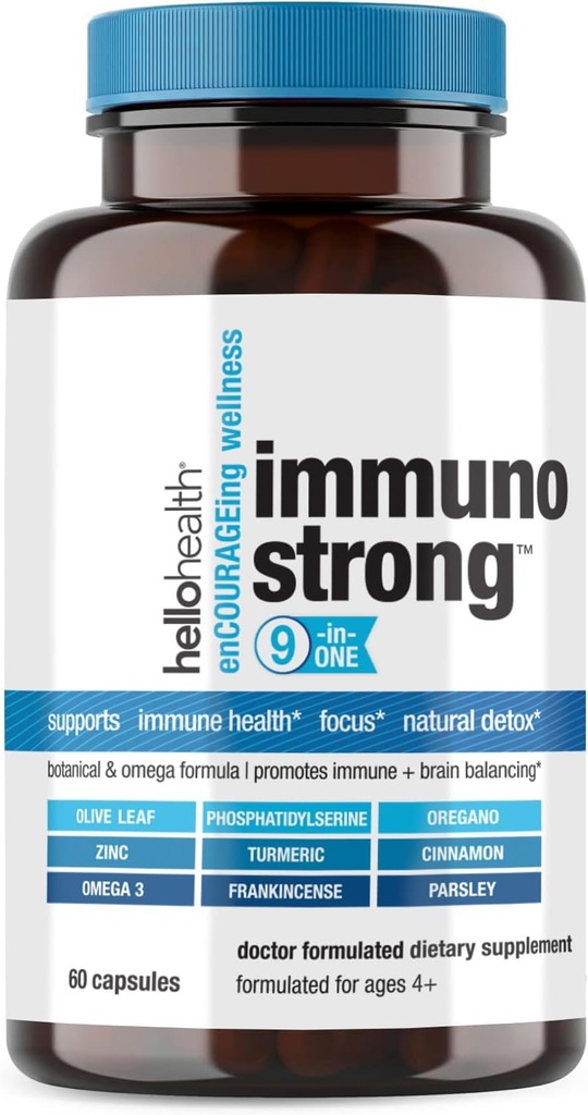 Integratore giornaliero di supporto immunitario Immunostrong 10-in-1 Vitamine di Immune Booster Oregano, Foglia di Oliva, Antiossidante Midollare Omega 3, Curcumina Turrica & Vitamine di Zinco per Adulti & Bambini -60 ct