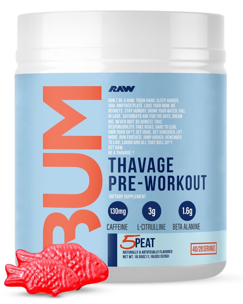 RAW Pre Workout Powder, Thavage (5 Peat, Red Gummy) - Chris Bumstead Sports Nutrition Supplement for Men & Women - Cbum Pre Workout für Arbeiten, Hydration, Mental Focus & Energy - 40 Servietten
