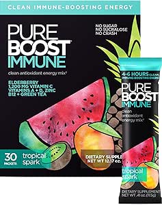 Pureboost Immune Clean Energy Booster, Refreshing Energy Drink Mix e Immunity Supplement con Elderberry, 1.200 mg Vitamina C, Vitamine A + D, e Zinco (Tropical Spark, 30 Conte)