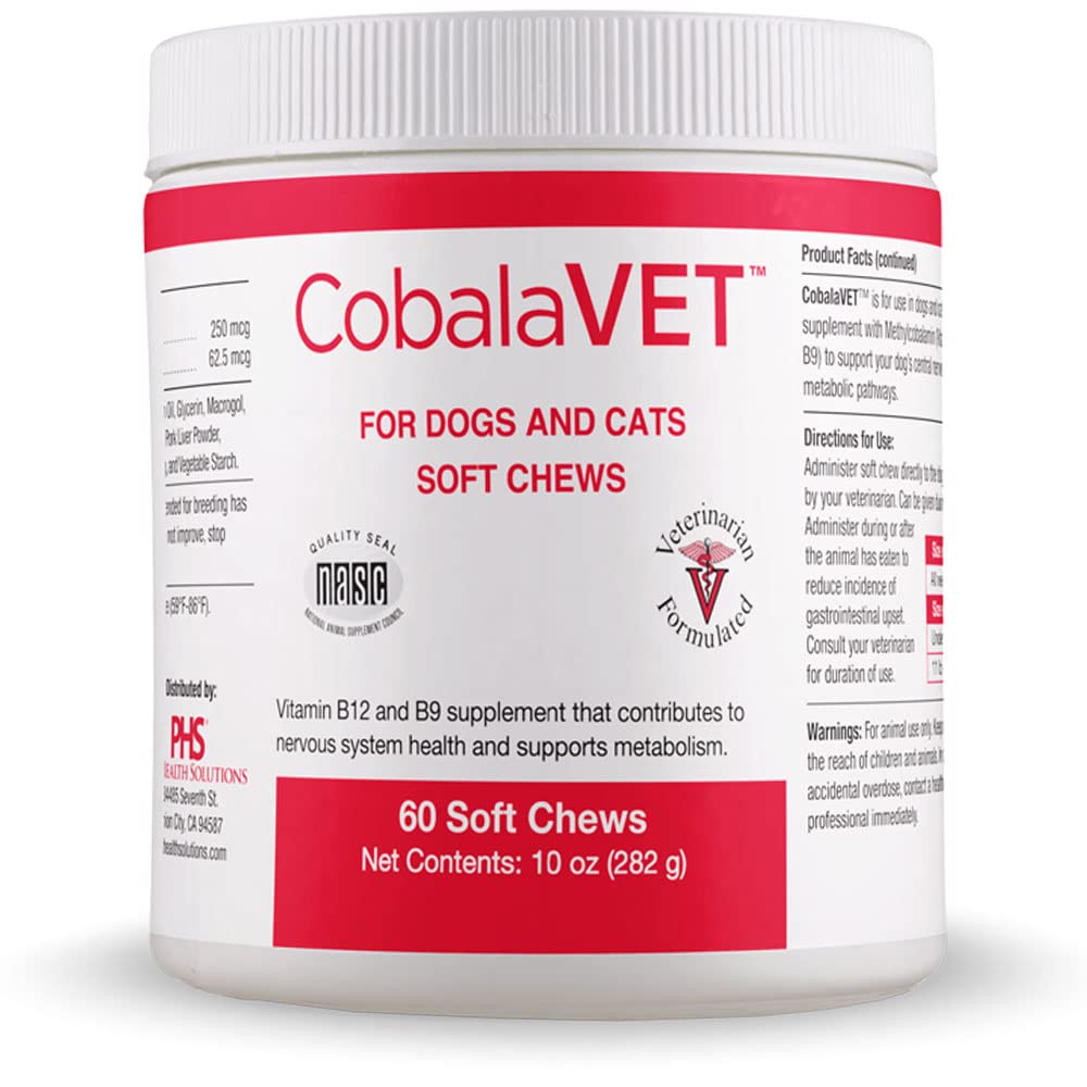 CobalaVet Vitamine B12 & B9 pour petits chiens et chats - Supporte le système nerveux, la fonction cérébrale, les défenses immunitaires et la croissance cellulaire - Formation de cellules sanguines - Voie métabolique - 60 Chews doux