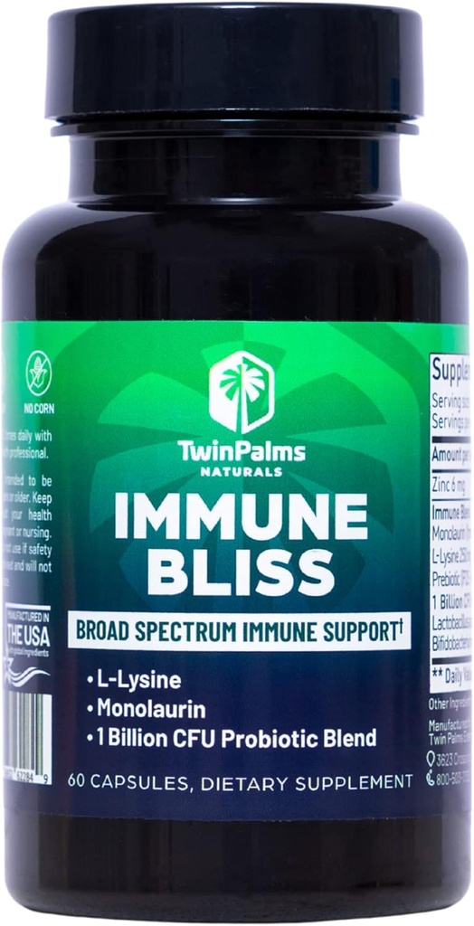 Immune Bliss - Broad Spectrum Daily Wellness Support for Seasonal Sickness | L-Lysine Monolaurin Probiotic Prebiotic Blend | Fornisce Difesa Naturale | Vegan Vegetariano Non OGM | 60 capsule