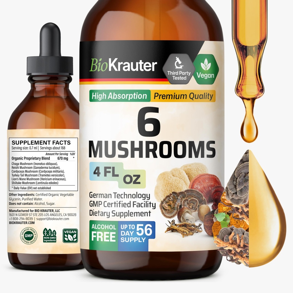 BIO KRAUTER 6 Pilze Beilage 6-in-1 - Lions Mane, Shiitake,Turkey Tail, Cordyceps, Reishi & Chaga Liquid Extract - Pilz Complex Tincture - Vegan Drops 4 Fl.Oz.