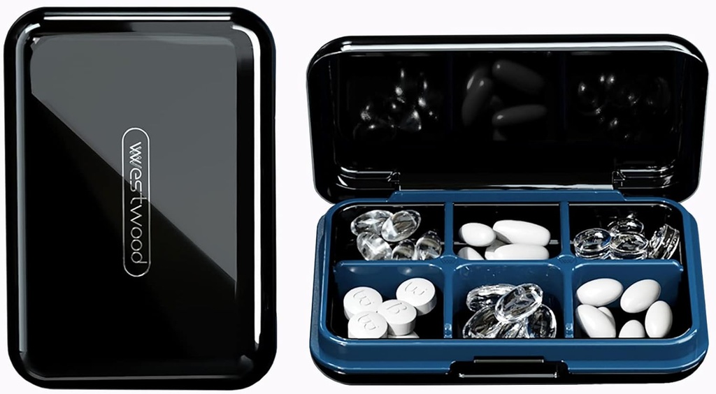 DUBSTAR viaggio Pill Organizer Moisture Impermeabile Piccolo Pill Box per Pocket Purse 6 scomparti Portable Pill Case Medicine Vitamin Holder Container, Nero