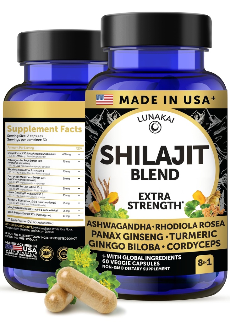 Lunakai USA Made Pure Shilajit Capsules mit Ashwagandha, Rhodiola & Cordyceps - Extra Strength Shilajit Extract für Männer & Frauen, 60ct