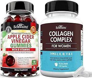 BioSchwartz ACV Aceto di sidro di mela Gummies con vitamine del complesso B (3 mesi di alimentazione) Plus capsule di peptide del collagene idrolizzato (alimentazione di 45 giorni)