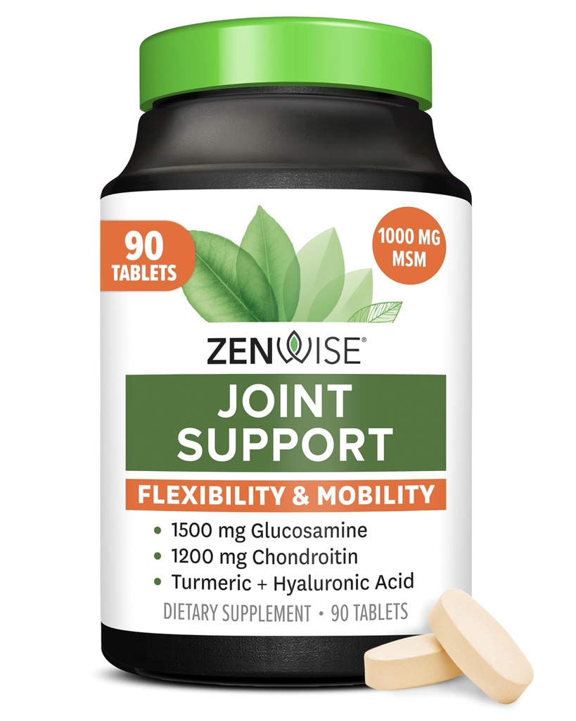 Zenwise Health Joint Support Complement with Glucosamine Chondroitin MSM, Curcumin & Sulfate - Santé conjointe pour les femmes et les hommes - Soutien à la mobilité et à la flexibilité du genou, du cartilage et des os - 90 Comte
