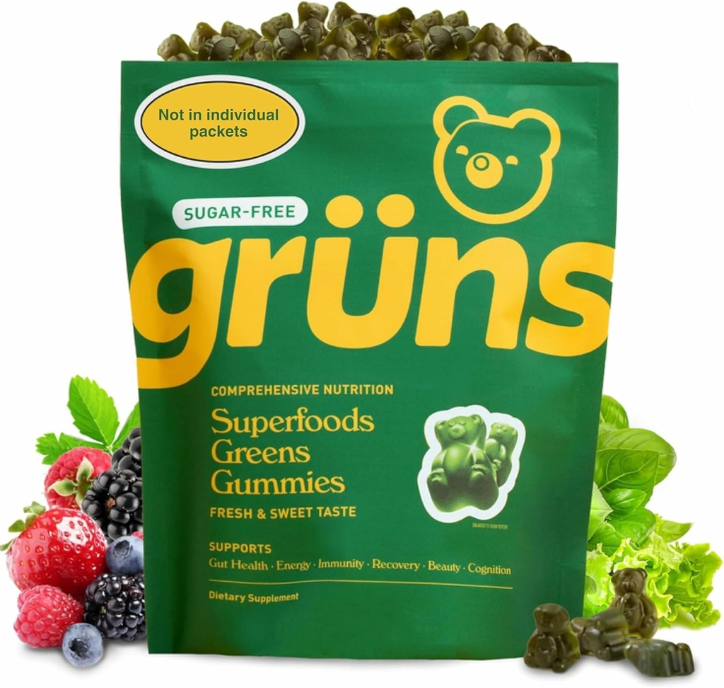 Gruns adulte sans sucre Super Greens Gummies - Superfood Ours gommy avec Spiruline, Chlorella, Fibre et prébiotiques pour la santé digestive, supplément adaptogène avec 20 vitamines et minéraux, 2 semaines d'approvisionnement