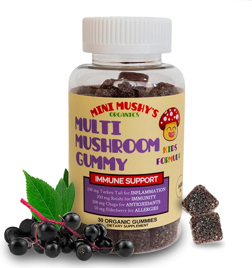 Mini Mushy's Organic Immune Support Daily Gummies (en anglais seulement) Turkey Tail, Reishi, Chaga Champignons, Elderberry (en anglais seulement) pour les enfants 2 ans et plus Couleur naturelle, Allergie, Faible sucre (en anglais seulement)