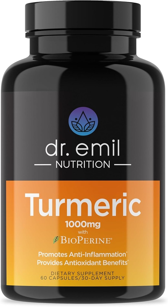 DR. EMIL NUTRITION Kurkuma Curcumin mit schwarzem Pfeffer Beilage - Kurkumakapseln mit BioPerine für einfache Absorption - 1000mg Kurkuma Beilage, 60 Kapseln