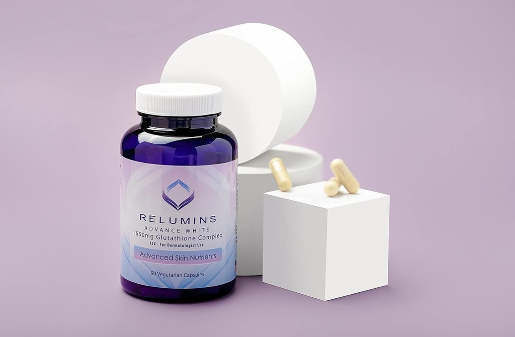 Pack de 2 Relumins Advance White 1650mg Complexe de glutathion - 15x Formule dermatologique avec des nutriments avancés de la peau - 2 bouteilles, 90 capsules chacune, 180 capsules totales