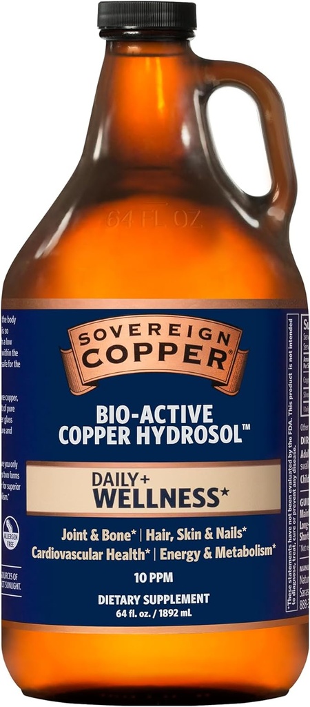 Hydrosol de cuivre bioactif souverain, supplément de bien-être quotidien 4-en-1 pour les articulations et les os*, les cheveux, la peau et les ongles*, la santé cardiovasculaire* et le soutien à l'énergie et au métabolisme*, 64oz