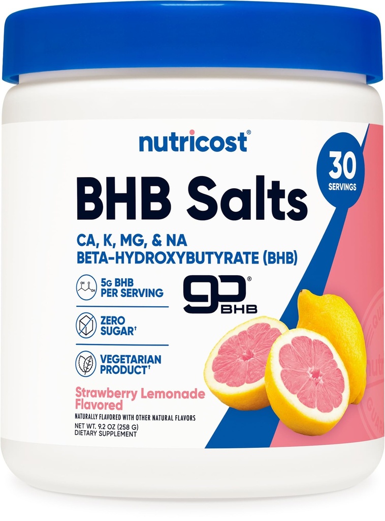 Nutricost BHB Salts Bere Mix (30 Serve, Fragola Limonata Aromatizzata) (5G BHB Per Serve) - 0G Zuccheri Totali, Prodotto Vegetariano