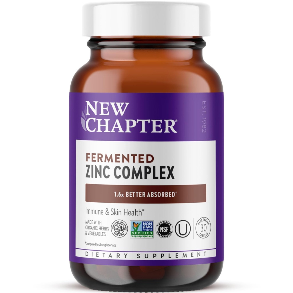 Nouveau chapitre supplément de zinc, complexe de zinc fermenté, ONE quotidien pour le soutien immunitaire + santé de la peau, formule de balançant minéral riche en cuivre, facile à avaler et à digérer, 30 comtes (1 mois d'approvisionnement)