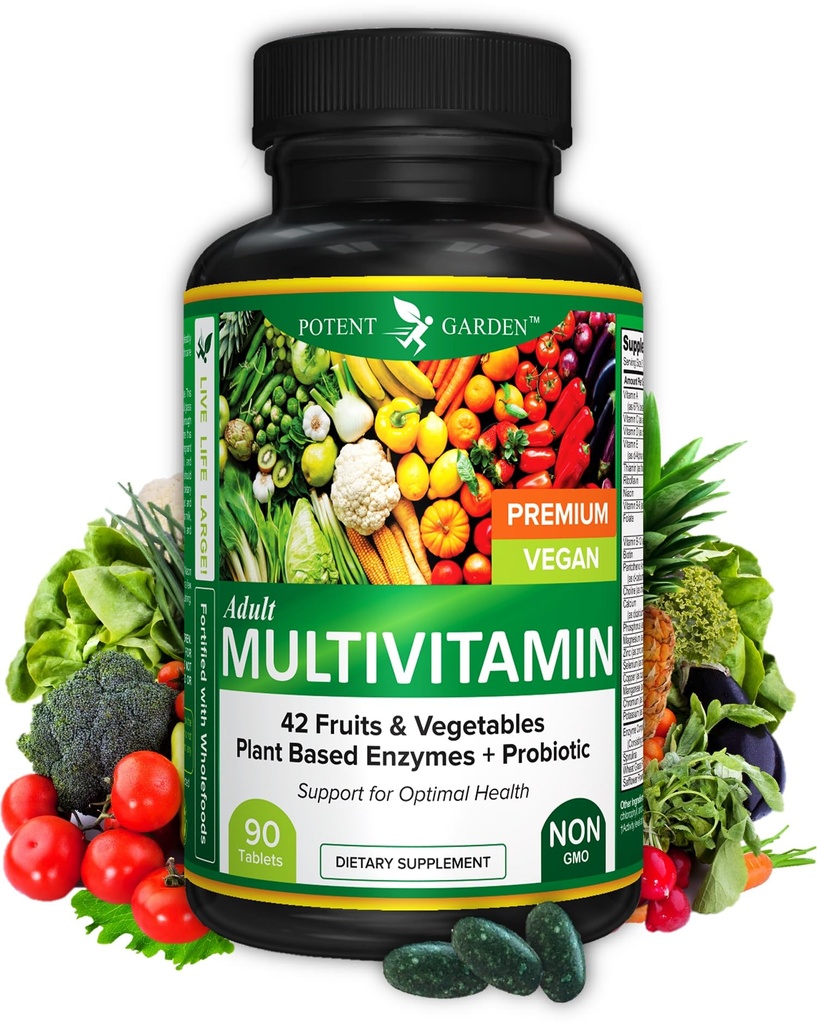 Potent Garden Adult Multivitamin für Frauen & Männer, 42 Früchte & Gemüse Plus Probiotika, unterstützt Energie Stoffwechsel & Immunsystem, Täglich Multivitamin für Männer & Frauen Non-GMO, 90 Tabs, 30 Servierungen