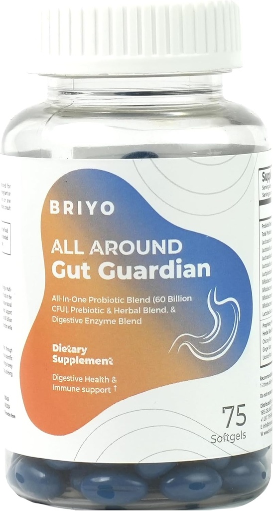 Briyo Gut Guardian Gut Health Support - 60 milliards d'UFC Probiotiques, prébiotiques, enzymes digestives et herbes pour la digestion et la santé immunitaire - Soulage la constipation, la diarrhée, le gaz et le bloom
