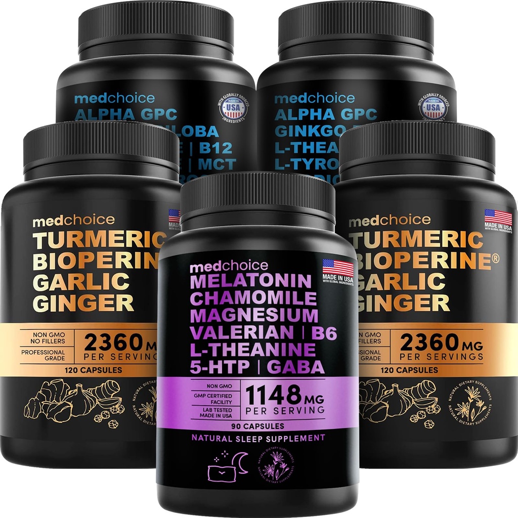 MEDCHOICE Sleep Melatonin (90ct), Turmeric & Ginger (240ct) und Nootropic Brain (120ct) Supplement Bundle - Wellness Trio für Gehirn, Schlaf und Immununterstützung - Vegan, Non-GMO, Gluten-Free