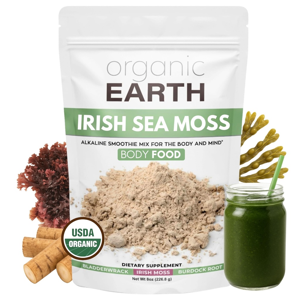 Polvere di mosss marino irlandese della terra organica 8oz - Moss organico marino di Wildcrafted con polvere di radice di Bladderwrack & Burdock - tiroide, supporto di digestione & pelle sana - certificata USDA