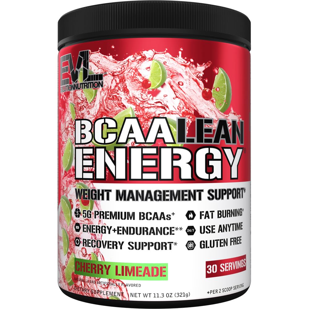 EVL BCAA Lean Energy Powder - Pre Workout Green Tea Fat Burner Support with BCAAs Aminoacidi e Clean Energizers - Post Workout Recovery Drink for Lean Muscle Recovery - Cherry Limeade