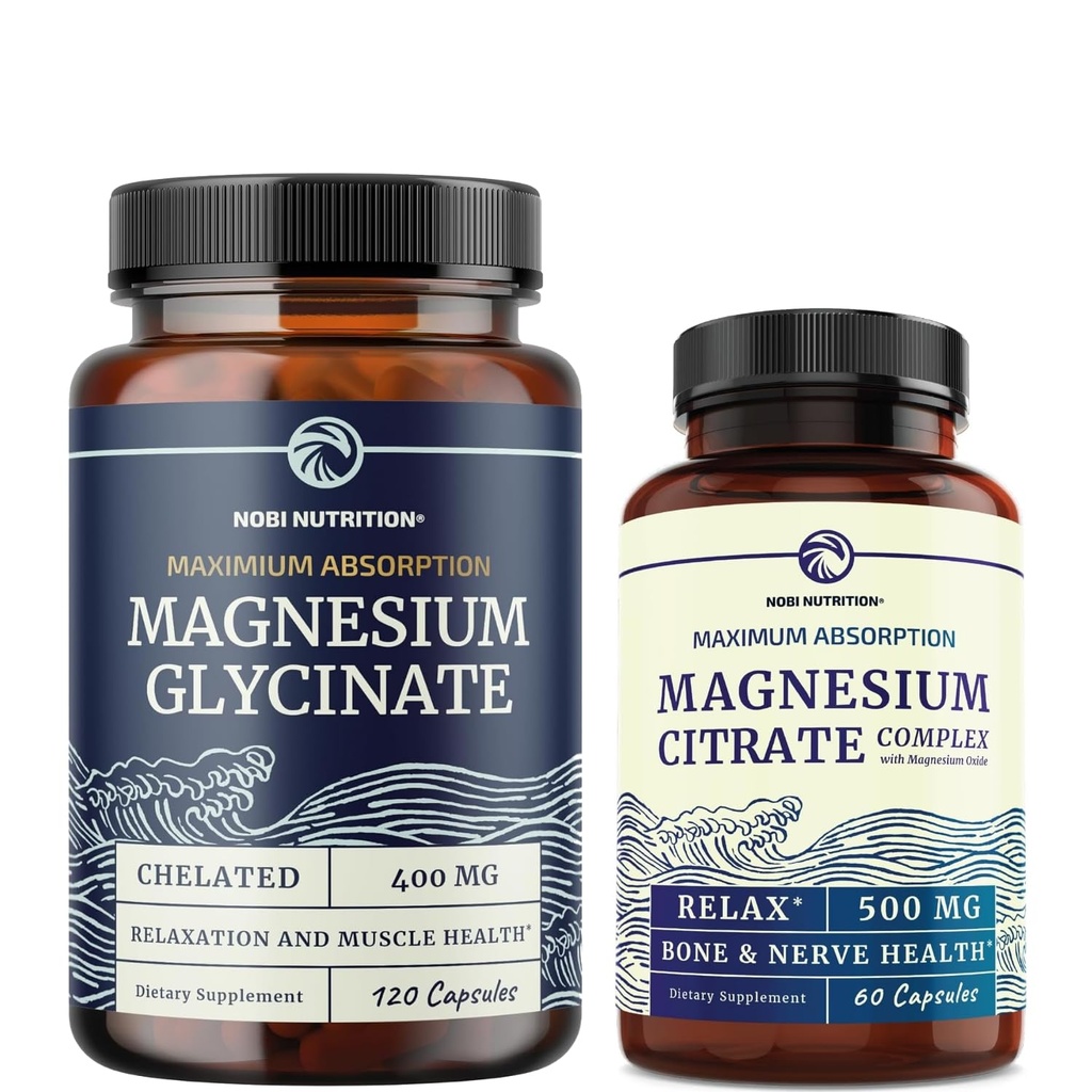 Magnesium Glycinat 400mg (120ct) & Magnesium Citrat 500 MG (60ct) | Hohe Absorption, ruhig, Entspannung, Verdauung & Muskelunterstützung | Non-GMO Vitamin und Mineral Bundle