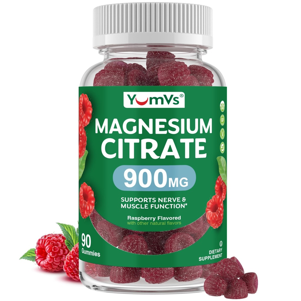 YUM-V'S Magnesium-Zitrat-Gummien – 900mg hochabsorbierbare Magnesium-Gummien für Damen und Herren, um Nerve, Muskel- und Enzymfunktion zu unterstützen – Glutenfrei, Kosher & Raspberry Flavor (90 Count)