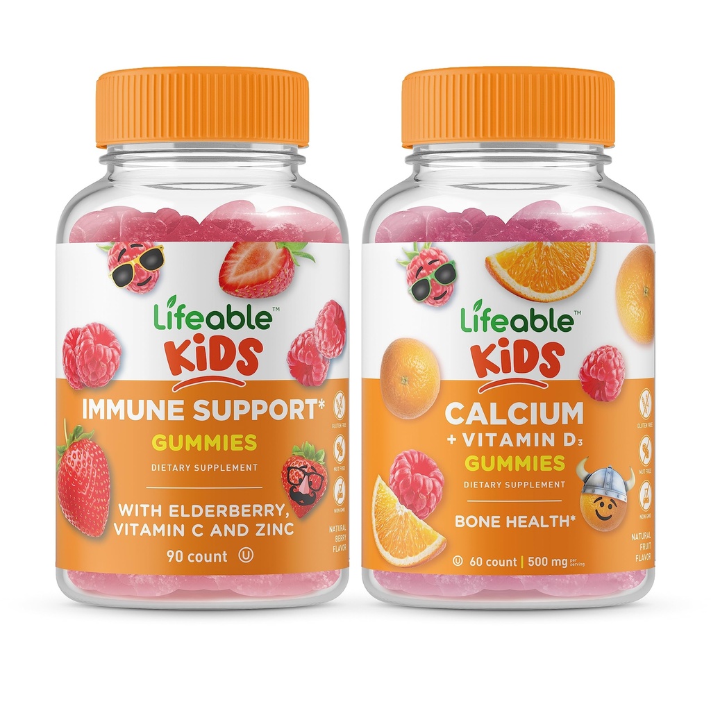 Soutien immunitaire durable Enfants + Calcium avec Vitamine D Enfants, Gommies Bundle - Grande dégustation, supplément de vitamine, sans gluten, sans OGM, gommy à croquer