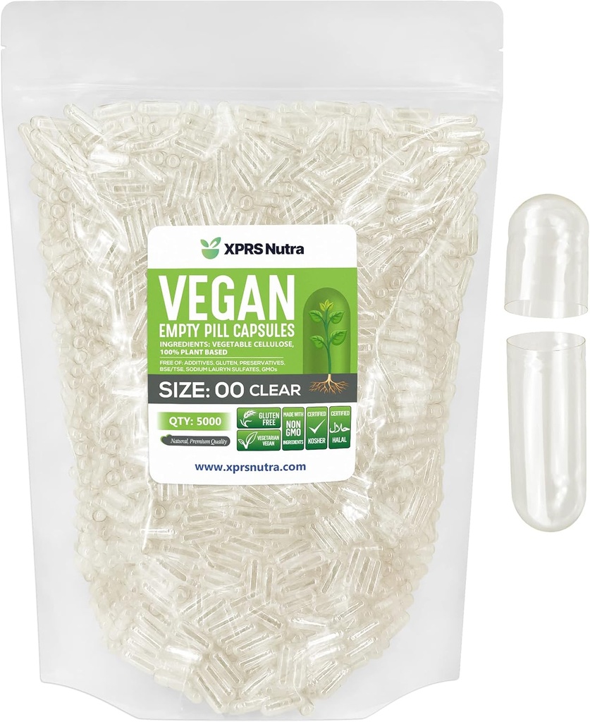 XPRS Nutra Größe 00 Leere Kapseln - 5000 Graf Eingefügt klar leere vegane Kapseln - Vegetarische leere Pillen - DIY Gemüse Kapsel Füllung- Veggie Pillen Caps