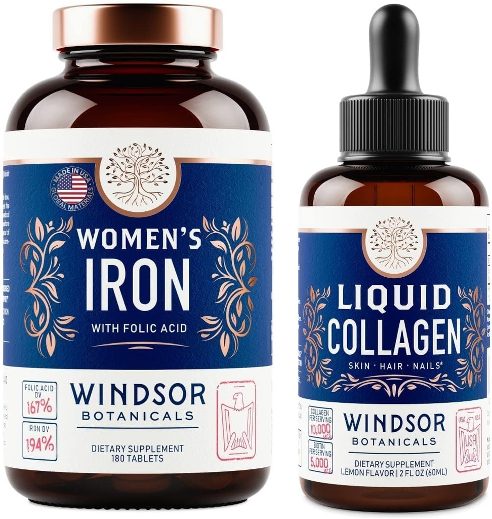 WINDSOR BOTANICALS Flüssiges Kollagen und Eisen für Frauen Beaty und Wellness Bundle