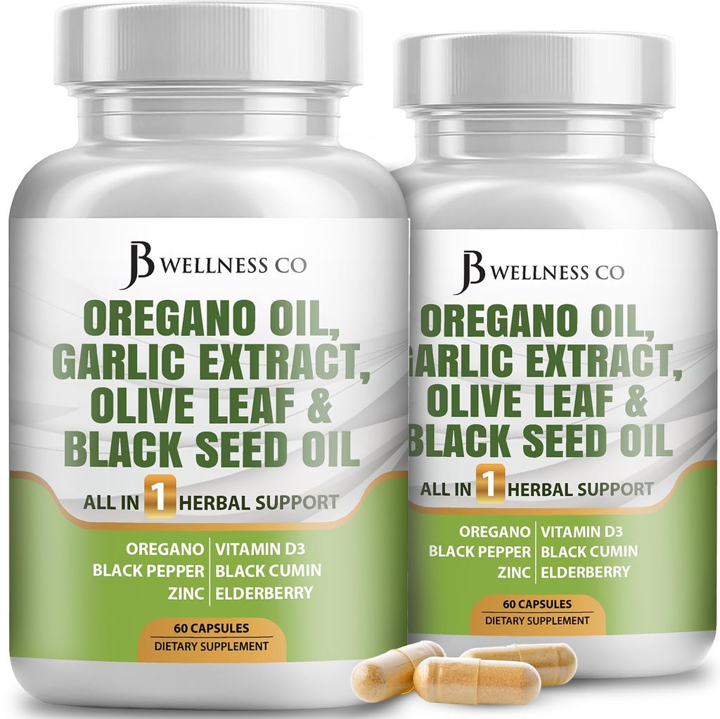 Olio d'Origano Benessere JB, Estratto di Aglio, Foglia di Oliva, con Astragalus - Supporto Immune & Integratore Digestivo per Donne e Uomini - 120 Conte