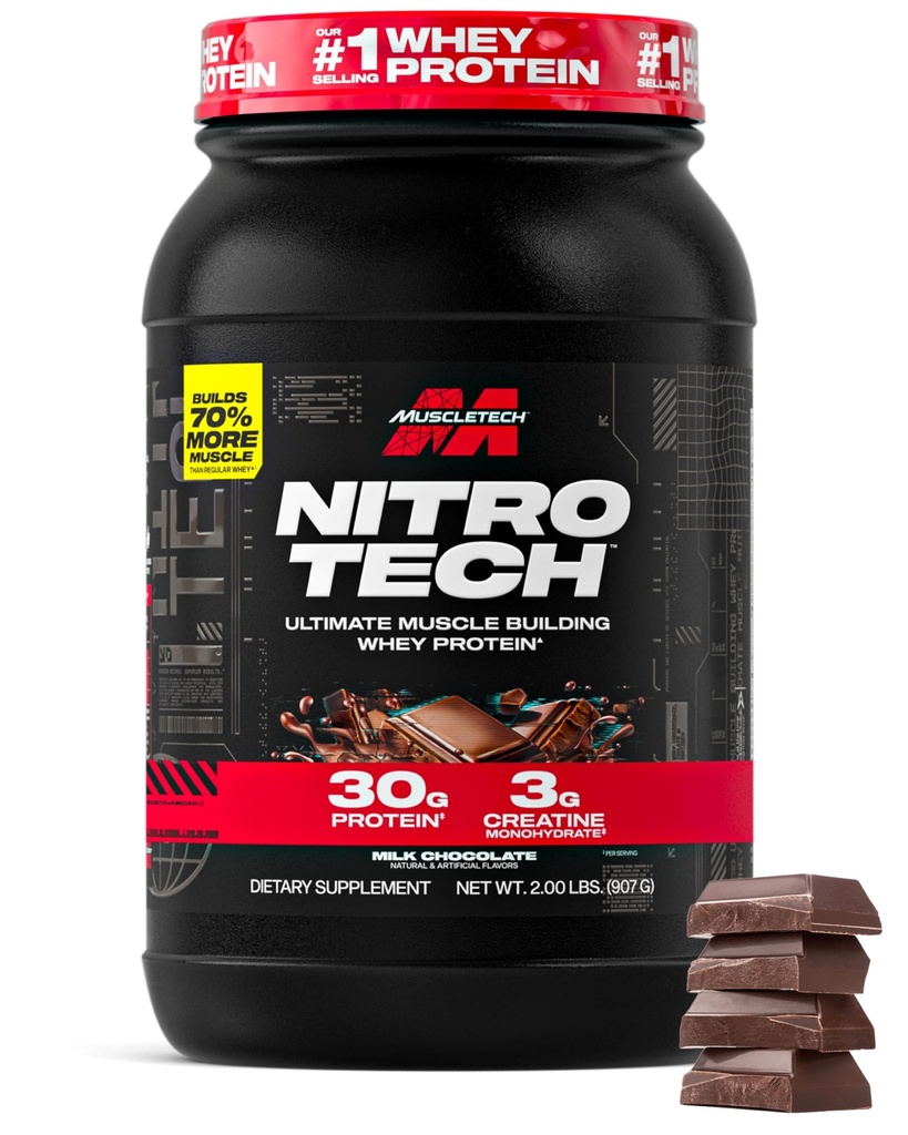 Muscletech Whey Protein Powder (Milk Chocolate, 2 Pound) - Nitro-Tech Ultimate Muscle Building Formula mit Whey Protein Isolate - 30g Protein, 3g Kreatin & 6.8g BCAA - Packaging May Vary