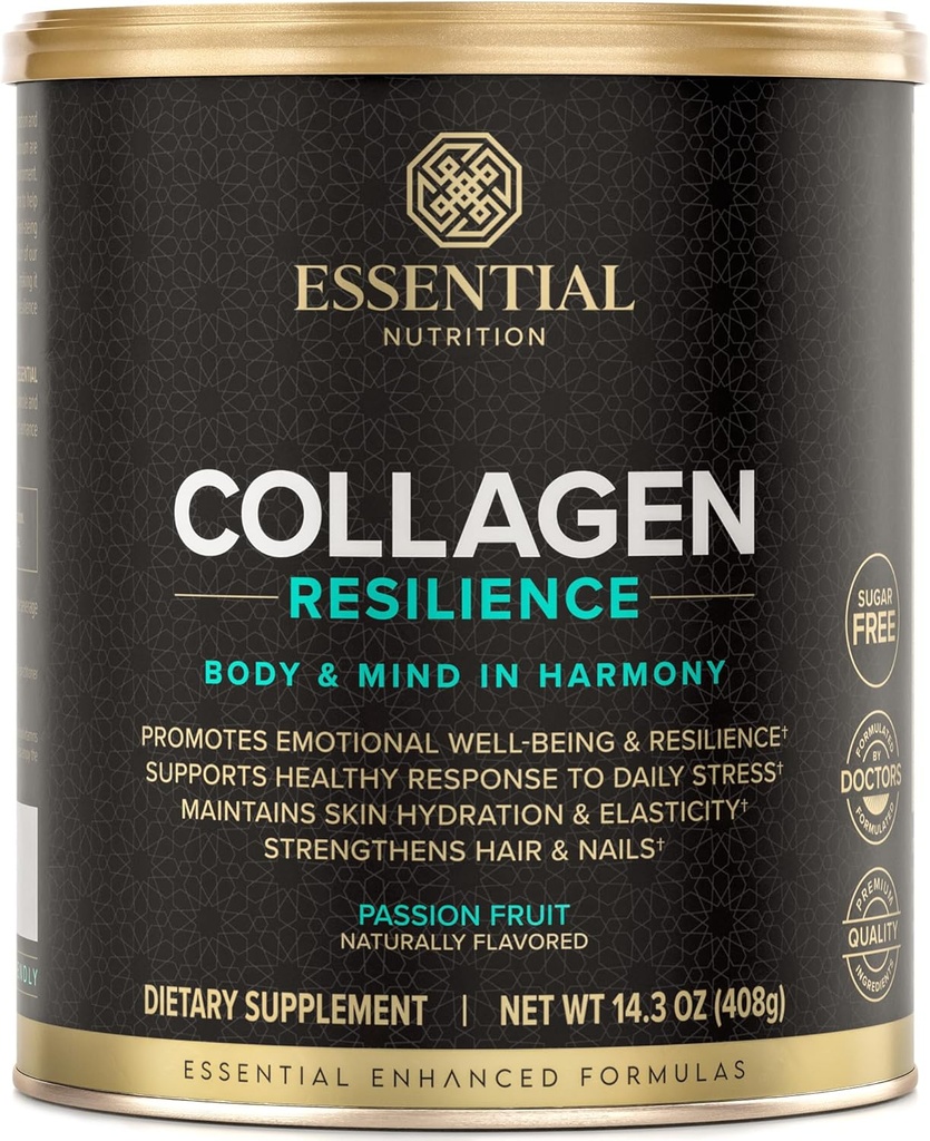 Nutrition essentielle Résilience au collagène - Poudre de peptides de collagène hydrolysée avec acide hyaluronique, silicone, amino-acides et extrait de fleur de passion - Fruit de la passion - 14,3 oz (30 portions)