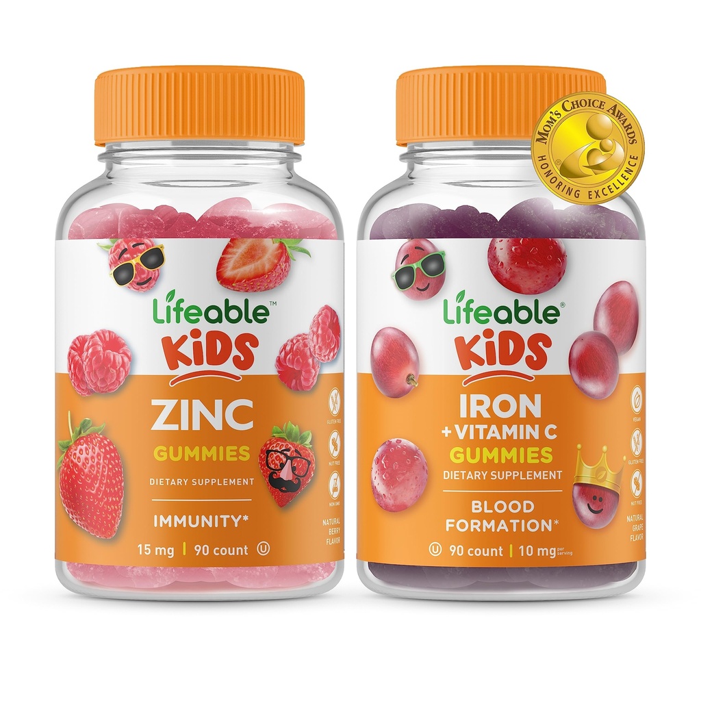 Lebensfähige Zink Kinder + Eisen & Vitamin C Kinder, Gummi Bundle - Große Verkostung, Vitamin-Ergänzung, Glutenfrei, GMO frei, Kaugummi