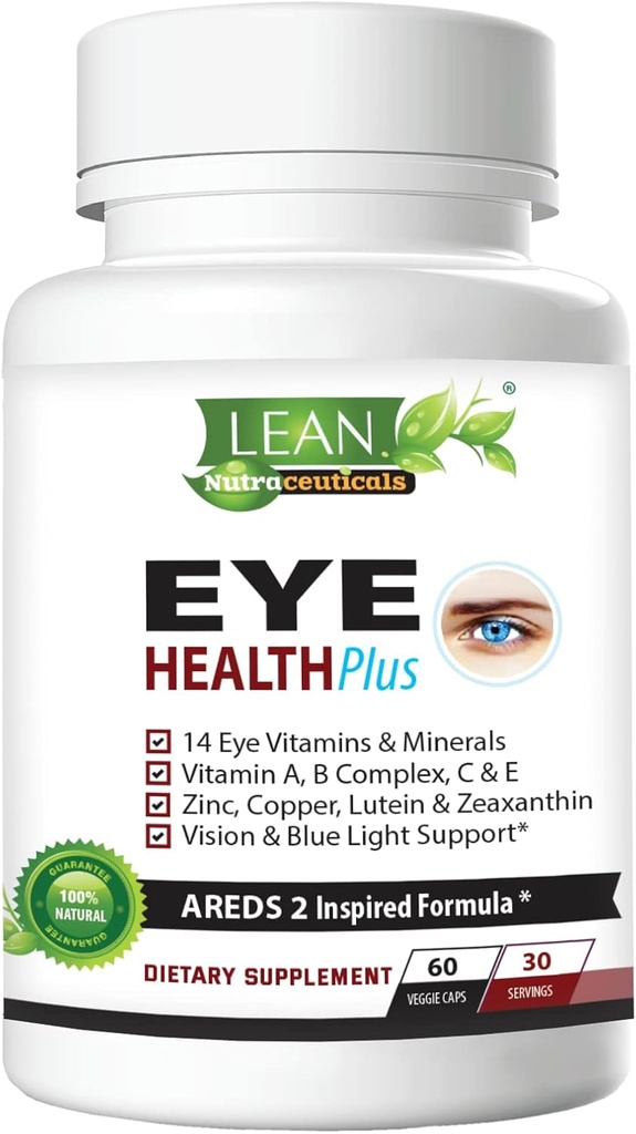 Areds 2 Eye Health Plus avec Cuivre, Vitamine A B C E, Lutéine et Zeaxanthin, Quercetin, Zinc, Extrait de Bilberry, Biotine - Soins de vue, sécheresse, souche, supplément vision nocturne pour adultes 60 gélules