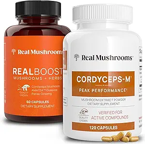 Real Mushrooms RealBoost (60ct) e Cordyceps (120ct) Capsule Bundle - Mushroom Supplemento per Energia, Vitality & Endurance - Vitamine energetiche w/Ginseng, Guayusa - Vegan, Non OGM
