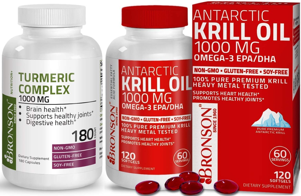 Bronson Turmeric Curcumin mit BioPerine High Potency Premium Joint Support + Bronson Antarktis Krill Oil 1000 mg mit Omega-3s EPA, DHA