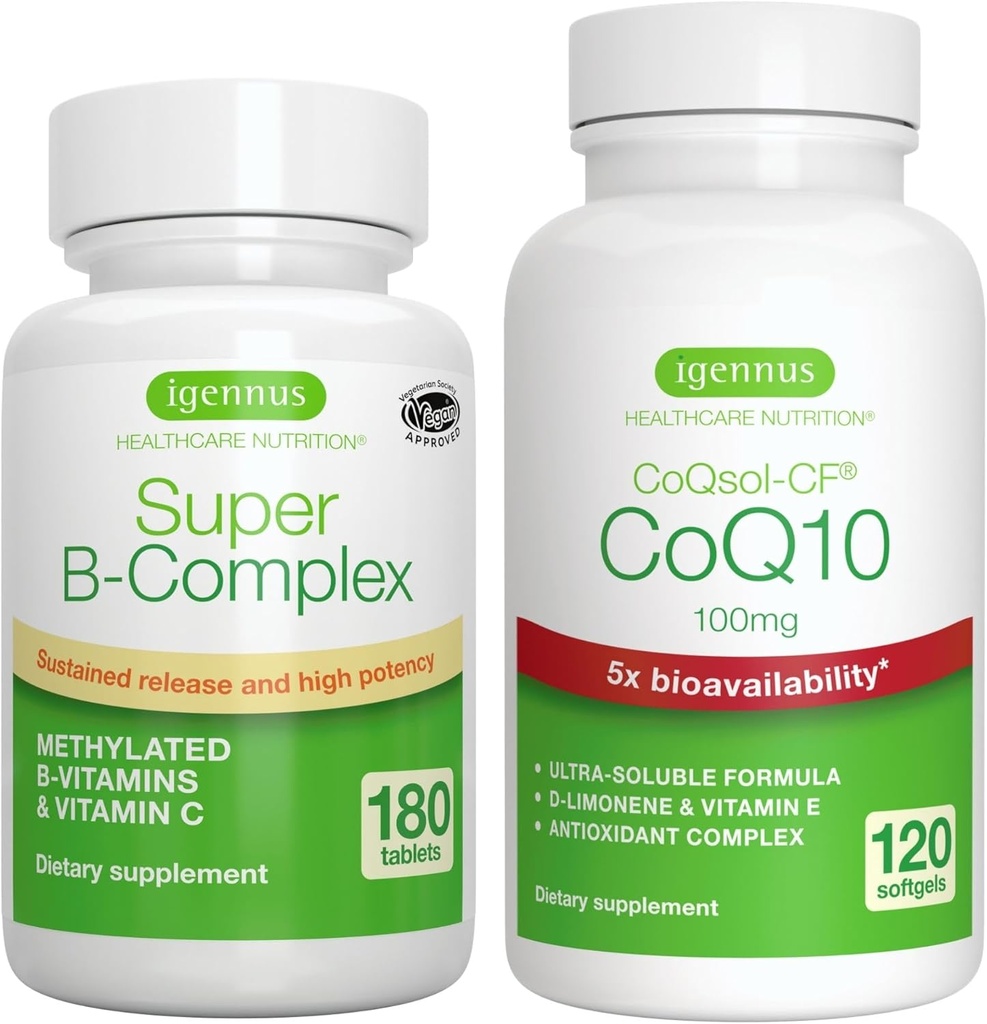 Super B-Complex 180 Tablets + High Absorption CoQ10 100mg 120 Softgels Energy Bundle, Methylated Sustained Release B Complex + CoQ10 with Vitamin E & D-Limonene, by Igennus