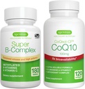 Comprimés Super B-Complex 180 + haute absorption CoQ10 100mg 120 Softgels Energy Bundle, complexe Méthylé à libération prolongée B + CoQ10 avec vitamine E et D-Limonène, par Igennus