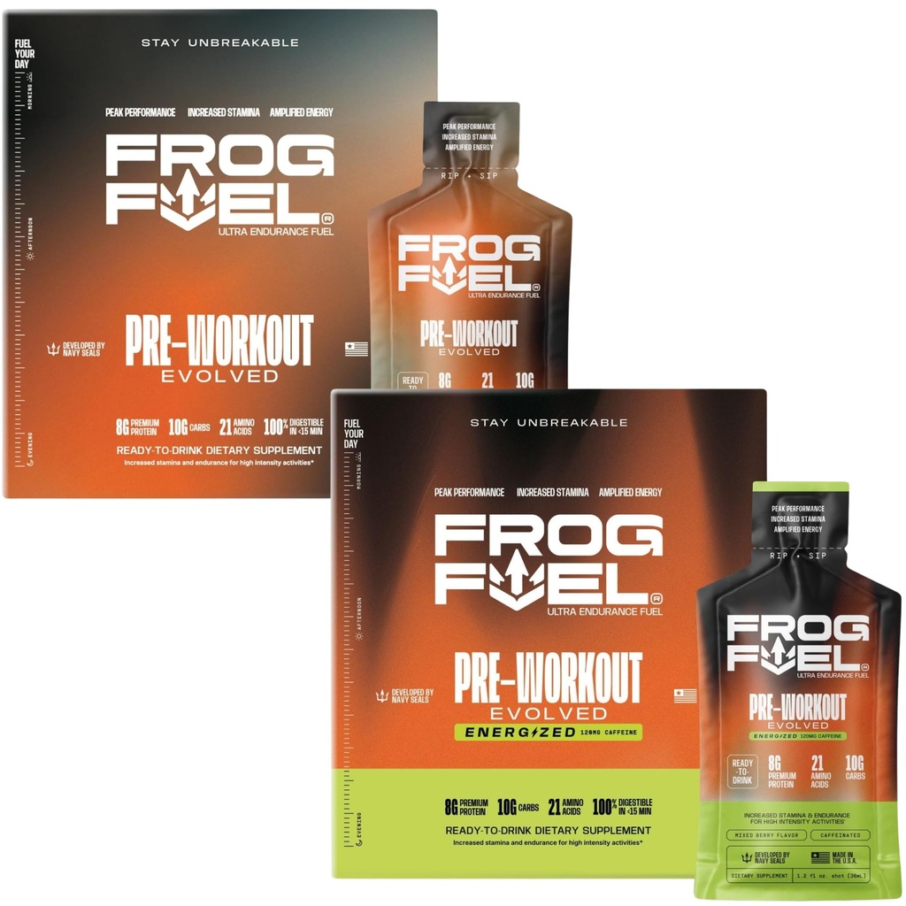 Frog Fuel Ultra & Ultra Energized Pre Workout Shot Bundle mit 1500mg Beta Alanine, Elektrolyte 8g Protein Nano-Hydrolyzed Grass Fed Collagen, 10g Carbs, Berry, 1.2 oz Packets, 48 Pack