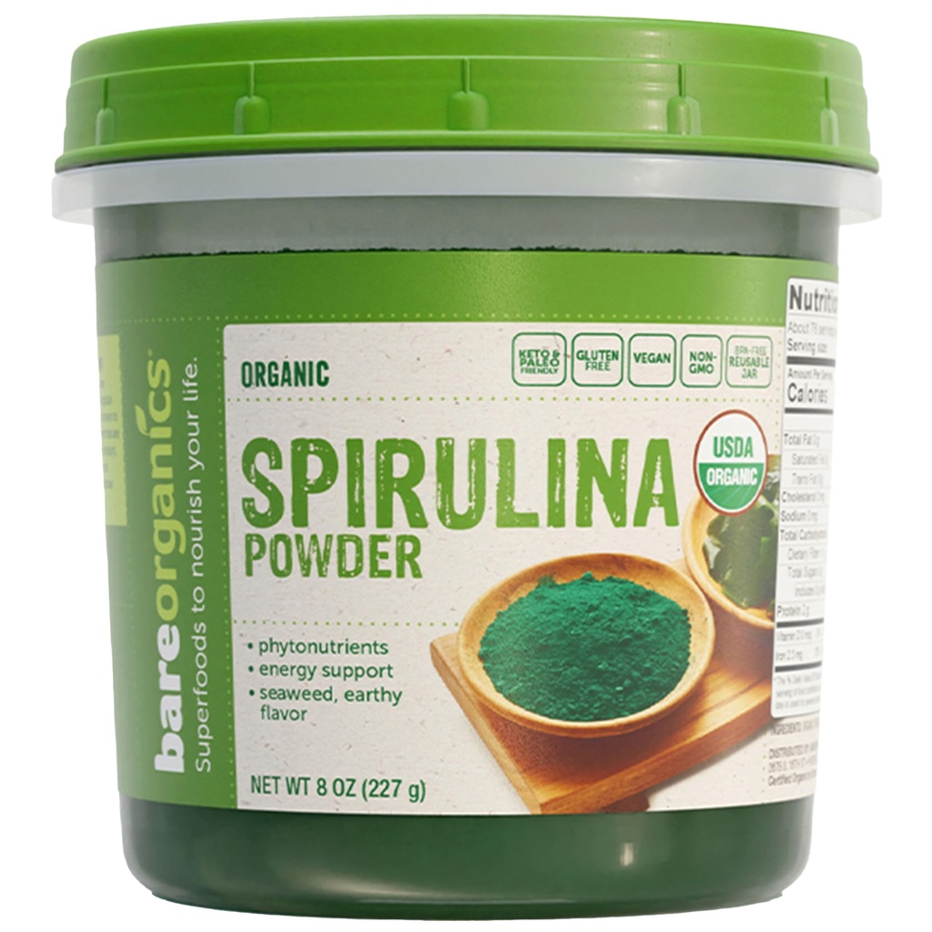 BareOrganics Spirulina Pulver - Bio Superfood Pulver - Vegan, Nicht-GVO, Glutenfrei - High Protein, Antioxidans-reich für Smoothies, Säfte, Shakes & Daily Wellness, 8 Oz