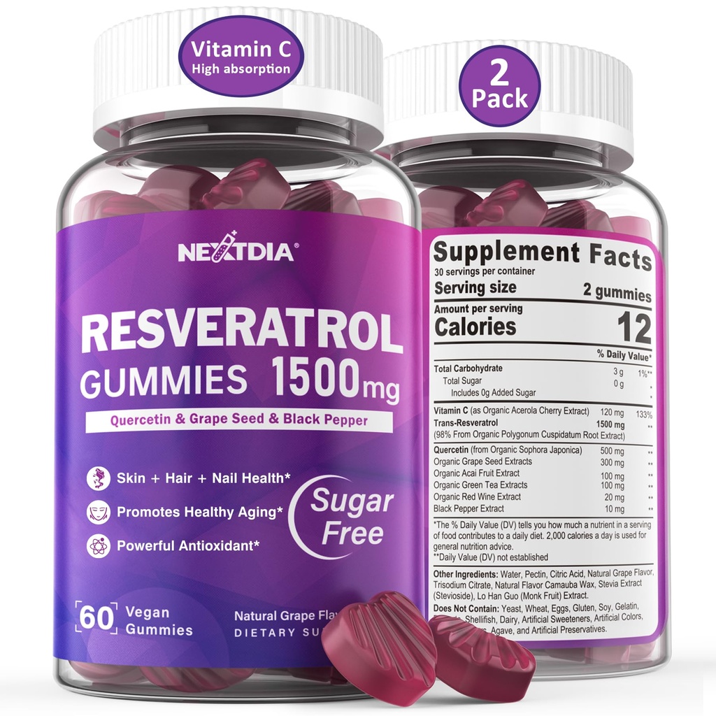 Resveratrol Supplement 1500mg - Resveratrol Gummis unterstützt NAD+, NMN & NMNH Synergy, mit Quercetin, Grape Seed, Acai Beeren Extrakte für Antioxidans, Gesunde Alterung & Langlebigkeit, Haut, Gehirn - 2Pcs