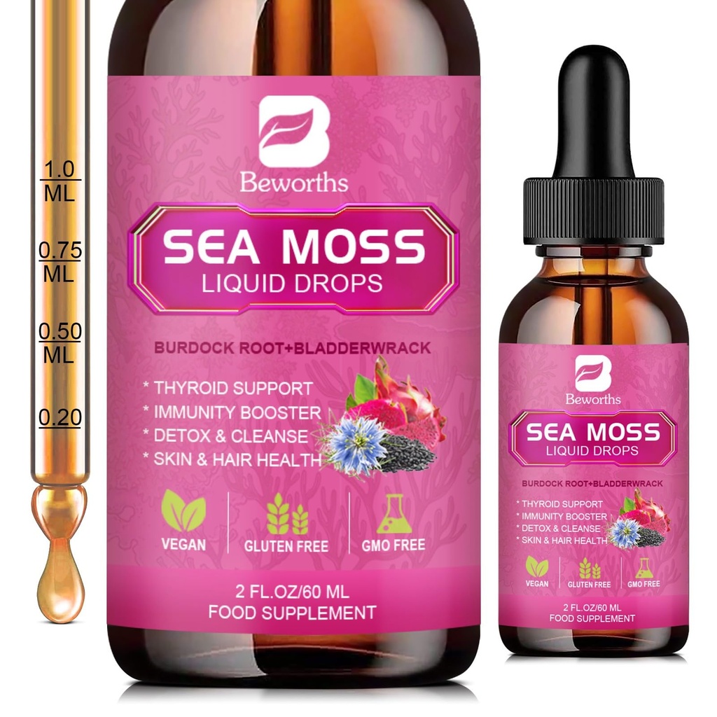 Gocce liquide di muschio di mare - Olio di semi nero organico Irish Sea Moss Gel con radice di Burdock, Bladderwrack, Elderberry, Vitamina C, D3, 6X più forte gel di seamoss per digestivo, salute dei capelli - Vegan