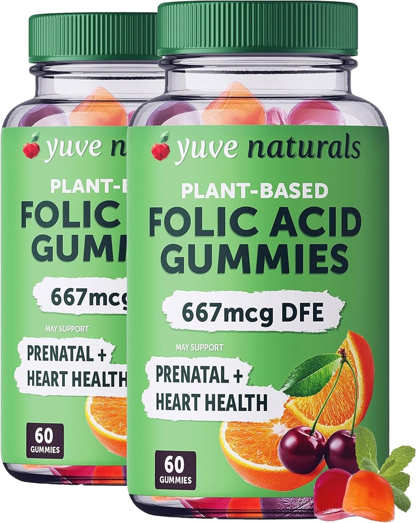 Yuve Prenatale Gummis für Damen - Folsäure Pränatale Vitamine 667 mcg DFE - Kaubare pränatale Vitamine - Hormonelle Unterstützung & Folsäure - Vegan & Natürlich - Pränatale Vitamine Gummis - 2 Packung 60ct