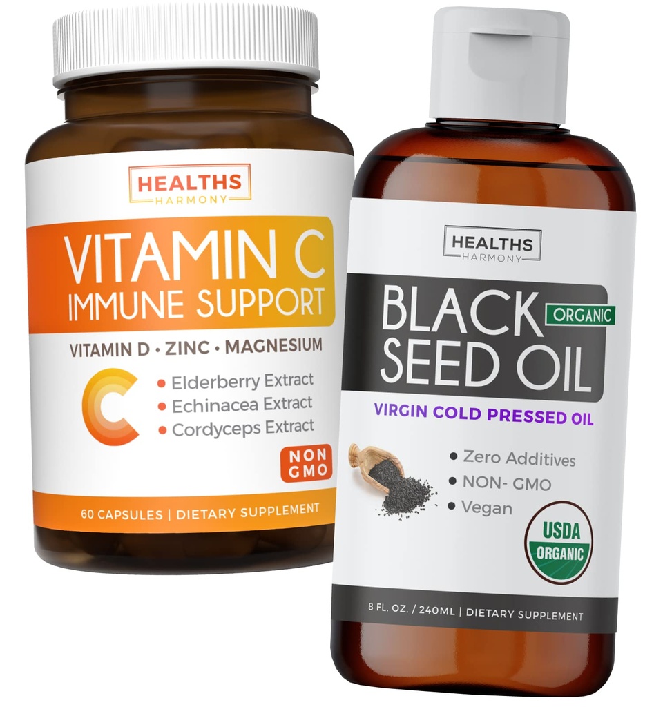 Bundle of Black Seed Oil Liquid & Vitamin C - Immune Fusion Booster Pack - Organic Black Seed Oil Liquid (8fl oz) Premium Cold-Pressed Nigella Sativa & Vitamin C Immune Support (Non-GMO)(60 capsule)