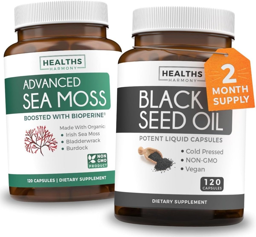 Black Seed Oil & Irish Sea Moss (2-Month Supply) - Wellness Duo Bundle of Black Seed Oil (120 Kapseln) Kaltgepresste Nigella Sativa & Irish Sea Moss (120 Kapseln) mit Bioperine und Bladderwrack