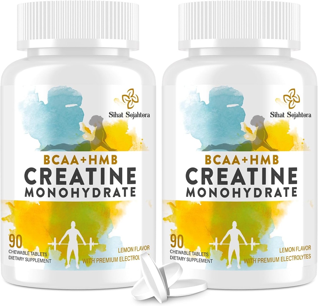 8-in-1 Kreatin-Monohydrat mit BCAA & HMB, 5000 mg für Männer & Frauen, Kreatin Chews für Muskel, Erholung, Ausdauer & Stärke, hohe Absorption, Zitronengeschmack, Zuckerfrei, 180 Tabletten