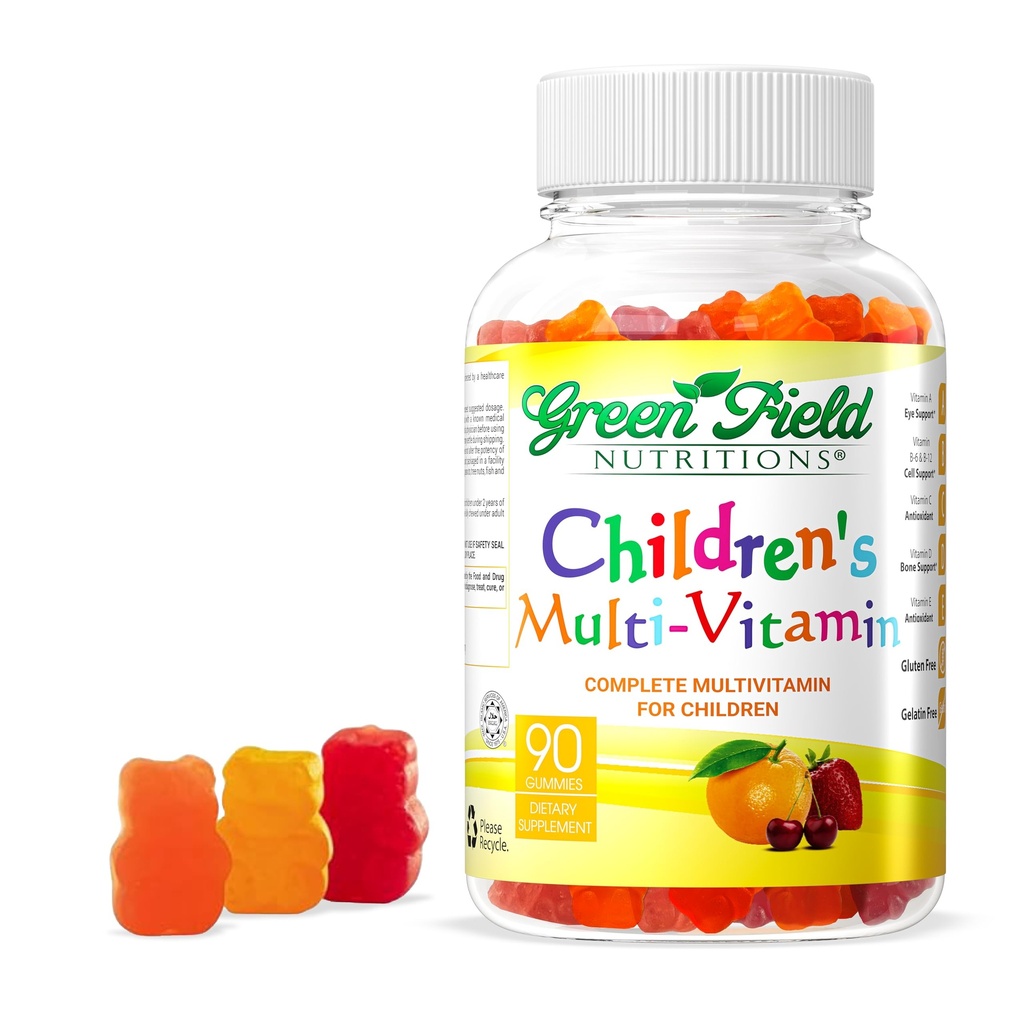 Greenfield Nutritions Kids Gelatin Free Halal Multivitamin Gummies - Tutte le vitamine Halal essenziali A, Bs, C, D, Iodio, Zinco per Immunità, Non OGM, Vitamine Halal per Bambini (90 Conte)