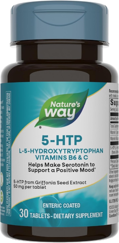 La Via della Natura 5-HTP, L-5-Hydroxytryptophan, aiuta a fare la serotonina per promuovere una prospettiva positiva*, vitamina B6, vitamina C, estratto di chicco di Griffonia, 30 compresse (Pescaggio Vary May)