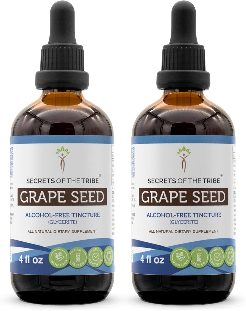 Segreti della Tribe Grape Seed Tincture Alcohol-Free Liquid Extract, Grape (Vitis Vinifera) Seme secca (2x4 FL OZ)